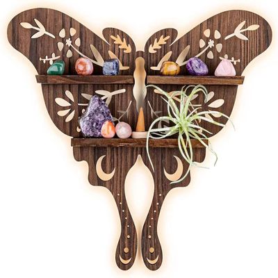 ANROYE Luna Moth Crystal Shelf Display, Boho Pine Wood Wall Floating Shelves with Light for Gem Stone Essential Oil Storage, Bohemian Wooden Butterfly Hanging Witch Rustic Decor Holder