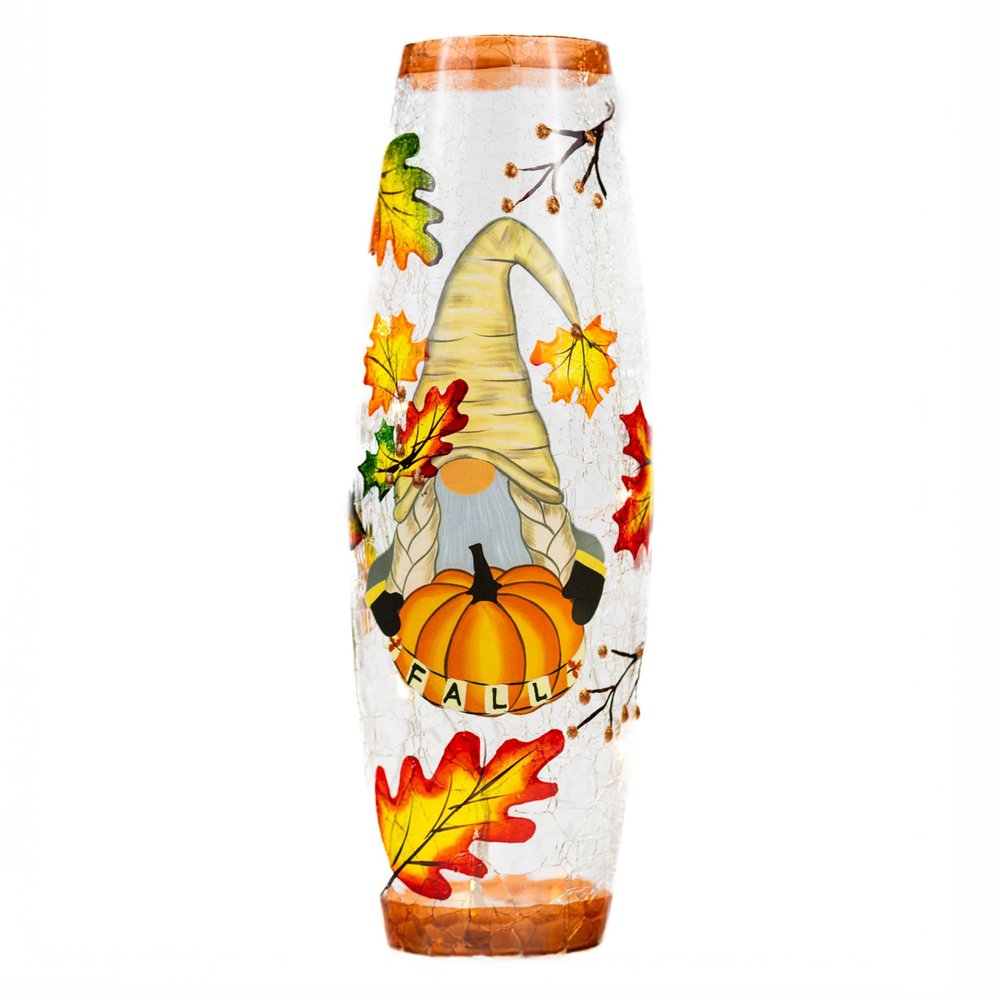 A Cheerful Giver Fall Gnome Crackle Glass Vase - Christmas Holiday Flower Vase - Seasonal Home Table Top Dcor