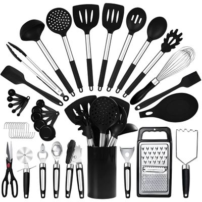 40PCs Silicone Cooking Utensils Set 446 Heat Resistance, RFAQK BPA Free Kitchen Utensils Set for Nonstick Cookware, Gadgets includes Can Opener, Potato Smasher,Peeler,Tongs,Spatula Set,Pizza Cutter