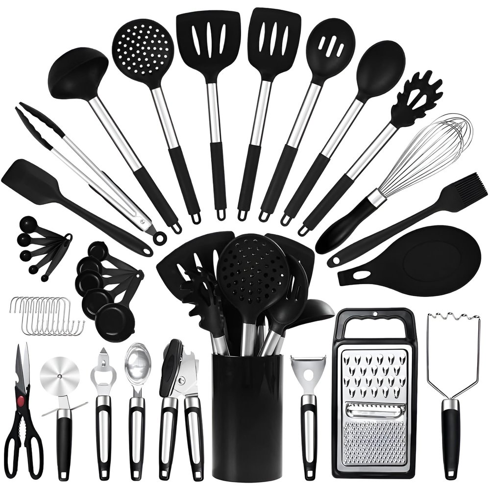 40PCs Silicone Cooking Utensils Set 446 Heat Resistance, RFAQK BPA Free Kitchen Utensils Set for Nonstick Cookware, Gadgets includes Can Opener, Potato Smasher,Peeler,Tongs,Spatula Set,Pizza Cutter