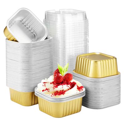 EUSOAR Mini Baking Cups, 5oz 100pcs Gold Aluminum Foil Dessert Cups Ramekins with Lids Cake Pan Tin for Creme Brulee Pudding Pie Cheese, Cupcake Liners for Wedding Christmas Party