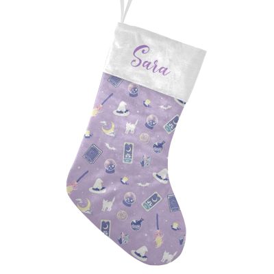 CUXWEOT Personalized Halloween Cat Magic Broom Christmas Stockings Customize with Name for Family Kids Pet Holiday Decorations Gift 17.52 x 7.87 Inch