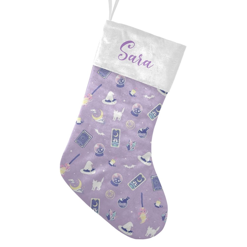 CUXWEOT Personalized Halloween Cat Magic Broom Christmas Stockings Customize with Name for Family Kids Pet Holiday Decorations Gift 17.52 x 7.87 Inch
