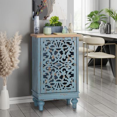 MFSTUDIO Small Accent Storage Cabinet with 1 Door, Farmhouse Hollow-Carved Floral Distressed Decorative Wood Cabinet Nightstand Side Table Sofa Table for Living Room, 13.8" Dx18.9 Wx31.5 H, Blue