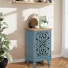 MFSTUDIO Small Accent Storage Cabinet with 1 Door, Farmhouse Hollow-Carved Floral Distressed Decorative Wood Cabinet Nightstand Side Table Sofa Table for Living Room, 13.8" Dx18.9 Wx31.5 H, Blue view 3