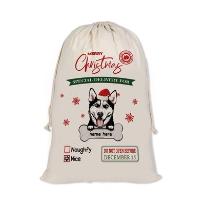 MALIHONG Personalized Christmas Santa Sack Funny Dog Husky Custom Name Canvas Large Chirstmas Gift Bags for Xmas Decor Storage Sacks for Presents 19.5x27.5 Inch