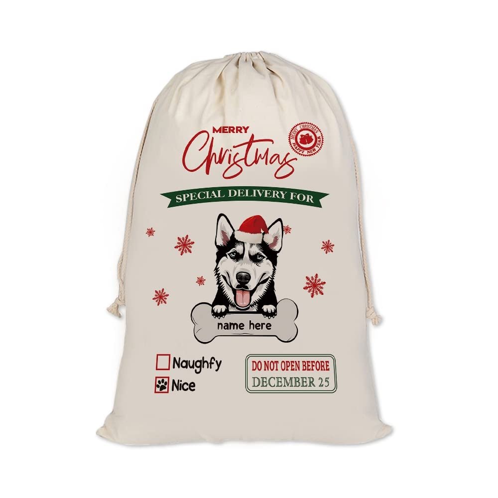 MALIHONG Personalized Christmas Santa Sack Funny Dog Husky Custom Name Canvas Large Chirstmas Gift Bags for Xmas Decor Storage Sacks for Presents 19.5x27.5 Inch