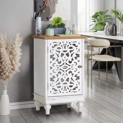 MFSTUDIO Small Accent Storage Cabinet with 1 Door, Farmhouse Hollow-Carved Floral Distressed Decorative Wood Cabinet Nightstand Side Table Sofa Table for Living Room, 13.8" Dx18.9 Wx31.5 H, White