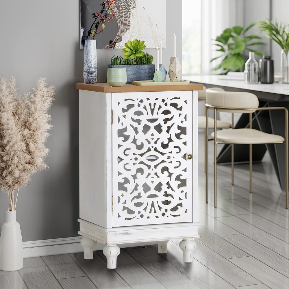 MFSTUDIO Small Accent Storage Cabinet with 1 Door, Farmhouse Hollow-Carved Floral Distressed Decorative Wood Cabinet Nightstand Side Table Sofa Table for Living Room, 13.8" Dx18.9 Wx31.5 H, White