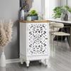 MFSTUDIO Small Accent Storage Cabinet with 1 Door, Farmhouse Hollow-Carved Floral Distressed Decorative Wood Cabinet Nightstand Side Table Sofa Table for Living Room, 13.8" Dx18.9 Wx31.5 H, White view 1