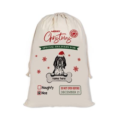 MALIHONG Personalized Christmas Santa Sack Dog English Pointer Custom Name Canvas Large Chirstmas Gift Bags for Xmas Decor Storage Sacks for Presents 12x15 Inch