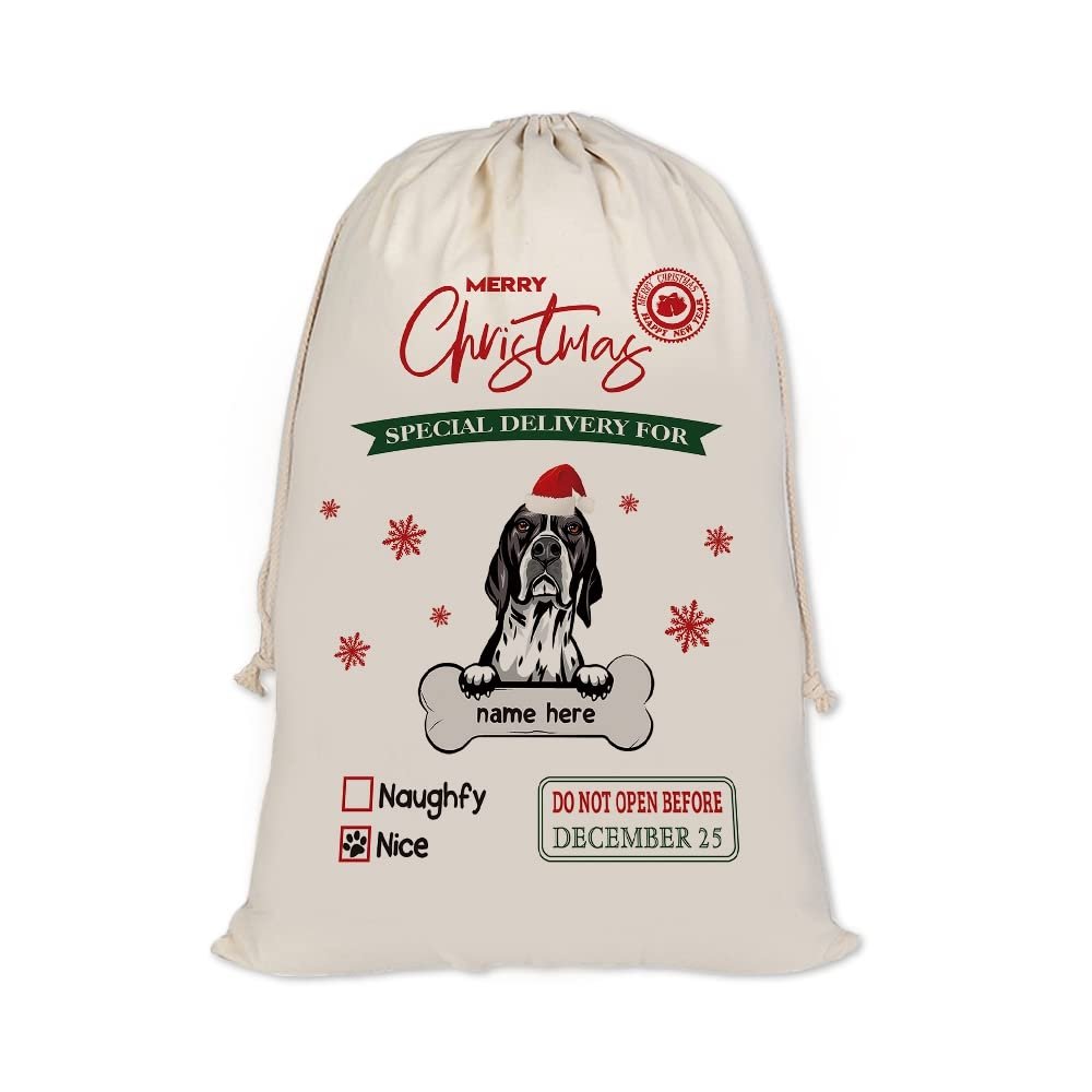 MALIHONG Personalized Christmas Santa Sack Dog English Pointer Custom Name Canvas Large Chirstmas Gift Bags for Xmas Decor Storage Sacks for Presents 12x15 Inch