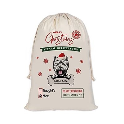 MALIHONG Personalized Christmas Santa Sack Dog West Highland White Terrier Custom Name Canvas Large Chirstmas Gift Bags for Xmas Decor Storage Sacks for Presents 19.5x27.5 Inch