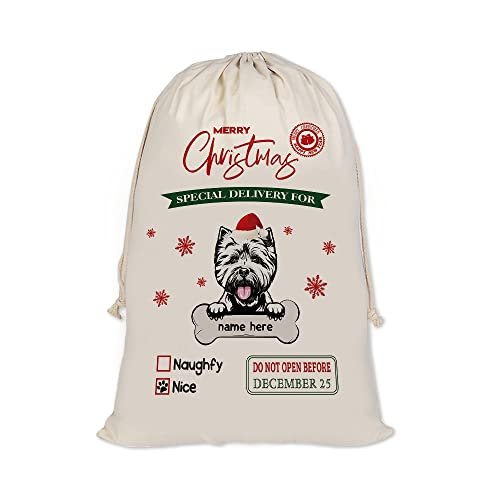 MALIHONG Personalized Christmas Santa Sack Dog West Highland White Terrier Custom Name Canvas Large Chirstmas Gift Bags for Xmas Decor Storage Sacks for Presents 19.5x27.5 Inch