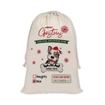 MALIHONG Personalized Christmas Santa Sack Puppy Pit Bull Custom Name Canvas Large Chirstmas Gift Bags for Xmas Decor Storage Sacks for Presents 19.5x27.5 Inch