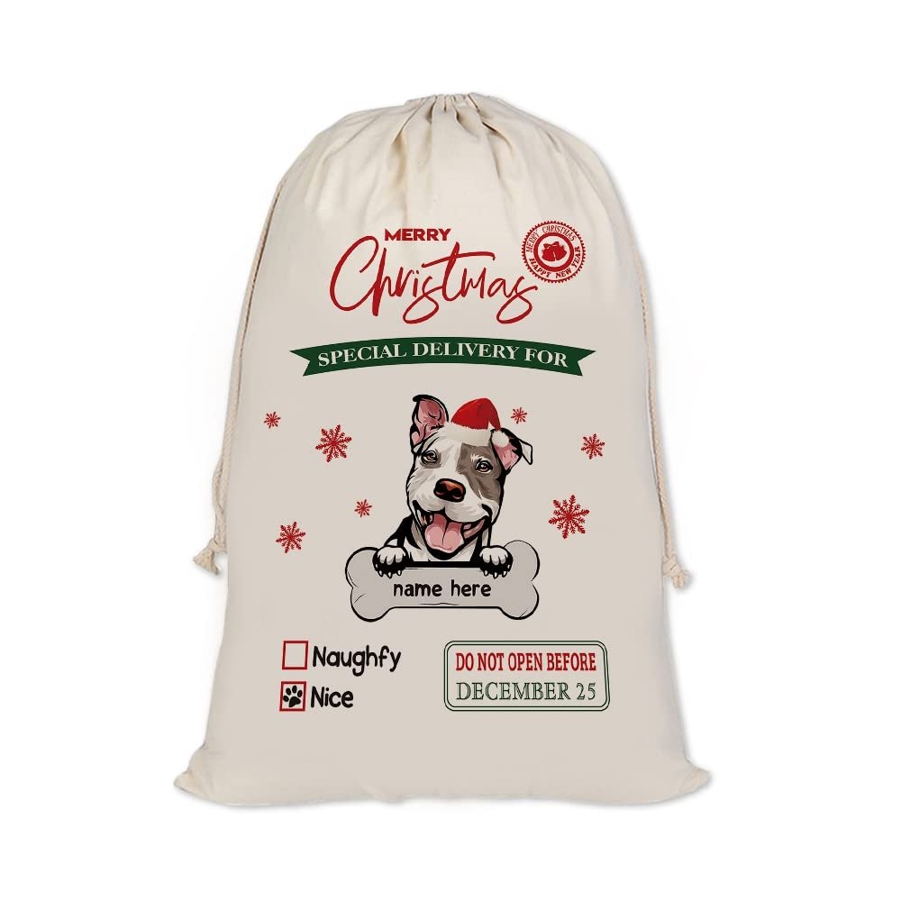 MALIHONG Personalized Christmas Santa Sack Puppy Pit Bull Custom Name Canvas Large Chirstmas Gift Bags for Xmas Decor Storage Sacks for Presents 19.5x27.5 Inch