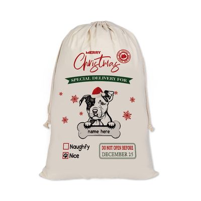 MALIHONG Personalized Christmas Santa Sack Dog Pit Bull Custom Name Canvas Large Chirstmas Gift Bags for Xmas Decor Storage Sacks for Presents 12x15 Inch