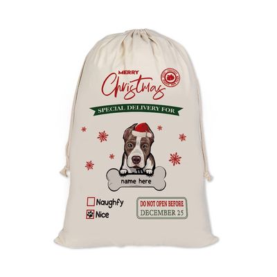 MALIHONG Personalized Christmas Santa Sack Pet Dog Pit Bull Custom Name Canvas Large Chirstmas Gift Bags for Xmas Decor Storage Sacks for Presents 19.5x31.5 Inch