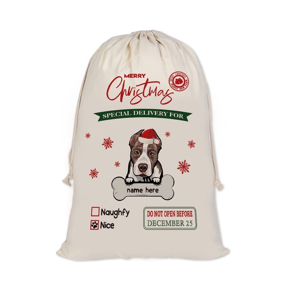 MALIHONG Personalized Christmas Santa Sack Pet Dog Pit Bull Custom Name Canvas Large Chirstmas Gift Bags for Xmas Decor Storage Sacks for Presents 19.5x31.5 Inch