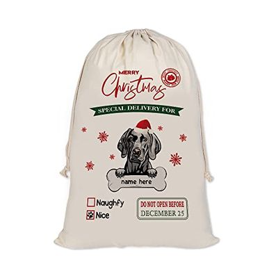 MALIHONG Personalized Christmas Santa Sack Dog Weimaraner Custom Name Canvas Large Chirstmas Gift Bags for Xmas Decor Storage Sacks for Presents 19.5x27.5 Inch