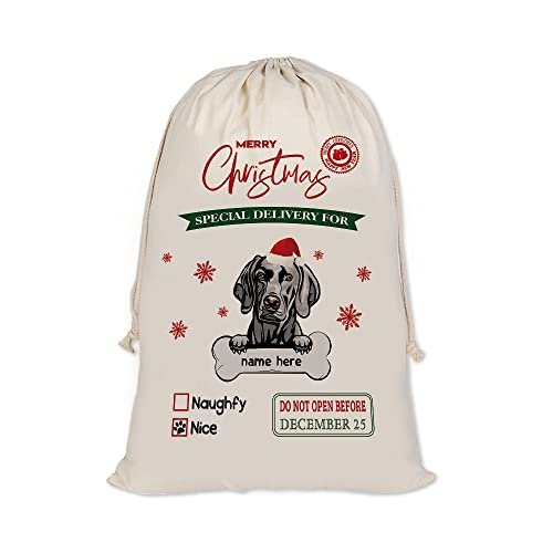 MALIHONG Personalized Christmas Santa Sack Dog Weimaraner Custom Name Canvas Large Chirstmas Gift Bags for Xmas Decor Storage Sacks for Presents 19.5x27.5 Inch