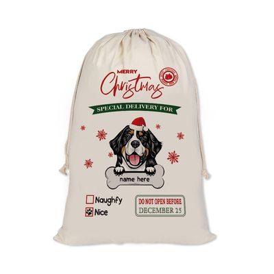 MALIHONG Personalized Christmas Santa Sack Funny Dog Bernese Mountain Custom Name Canvas Large Chirstmas Gift Bags for Xmas Decor Storage Sacks for Presents 19.5x27.5 Inch