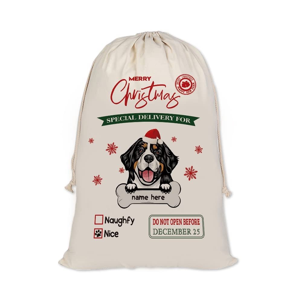 MALIHONG Personalized Christmas Santa Sack Funny Dog Bernese Mountain Custom Name Canvas Large Chirstmas Gift Bags for Xmas Decor Storage Sacks for Presents 19.5x27.5 Inch