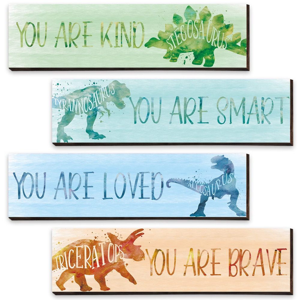 Yalikop 4 Pcs Dinosaur Room Decor for Boys, Inspirational Posters Wall Plaque for Kids Bedroom Nursery Classroom Dinosaur Prints Wall Art Decor(Cool Colors,16 x 5 Inch)
