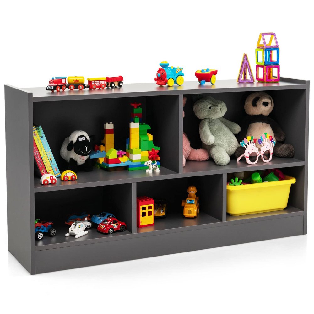 Costzon Toy Storage Organizer for Kids, 5-Section School Classroom Storage for Organizing Books Toys, Wooden Kids Bookshelf Daycare Furniture for Preschool, Playroom, Nursery, Kindergarten (Dark Gray)