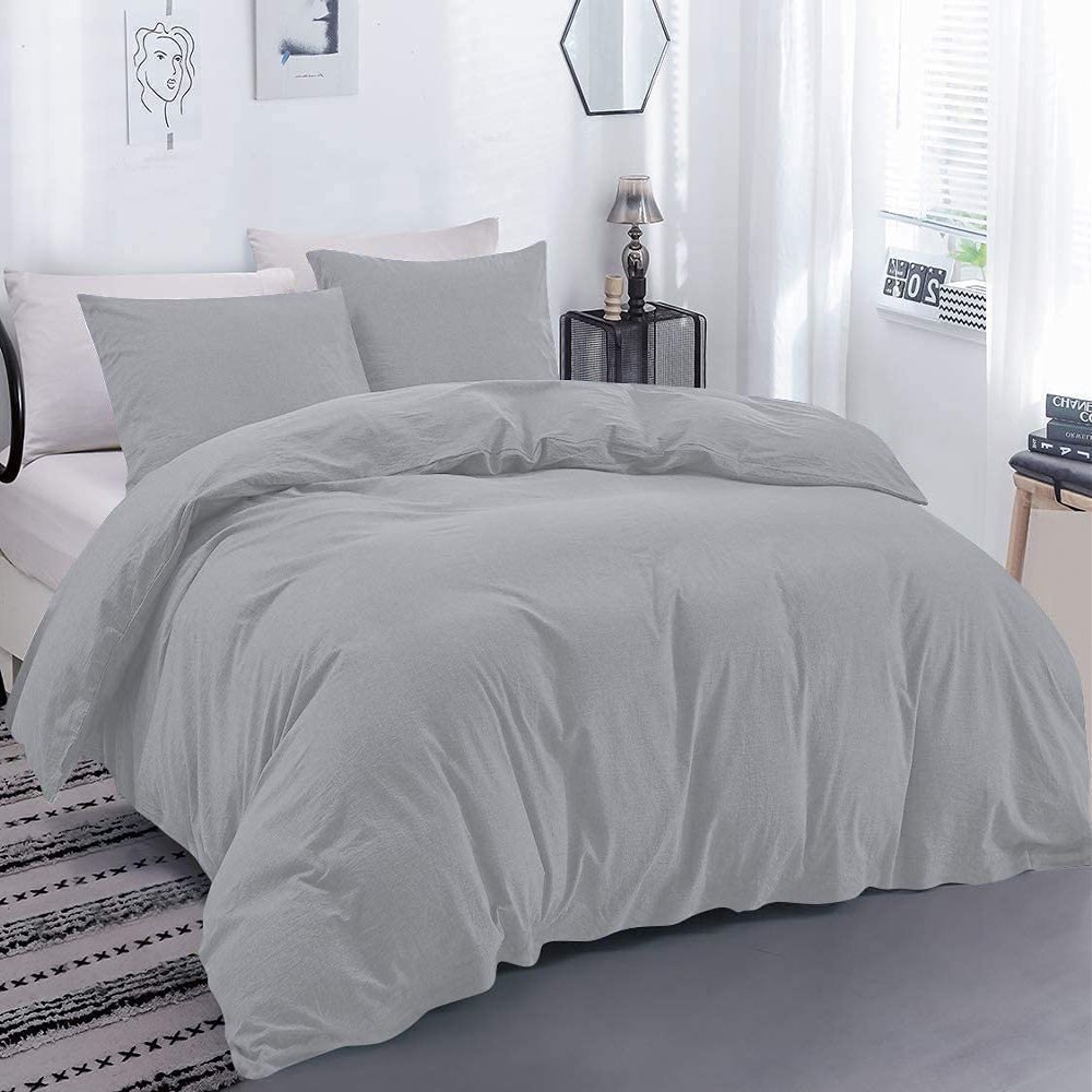 British-Linen Luxury 100% Egyptian Cotton Duvet Cover 3 Piece Set with Zipper Closure - 1 Zipper Duvet Cover and 2 Pillowcase - 400 TC, Breatheable & Warm - Light Grey Solid, Twin Size.