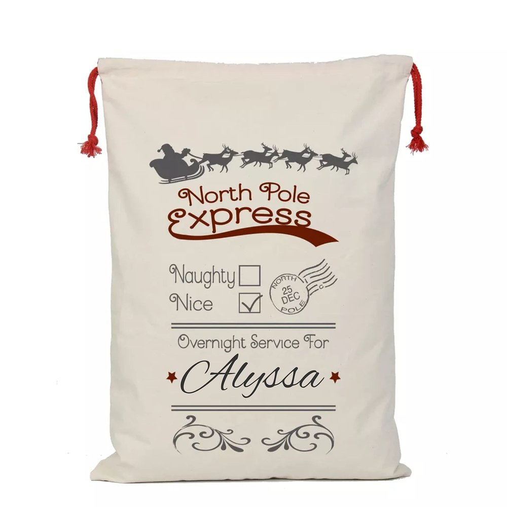 Personalized North Pole Mail Express Delivery Bag | Custom Santa Sack Gift Bag | Choose Your Design (Santa Sleigh Express)