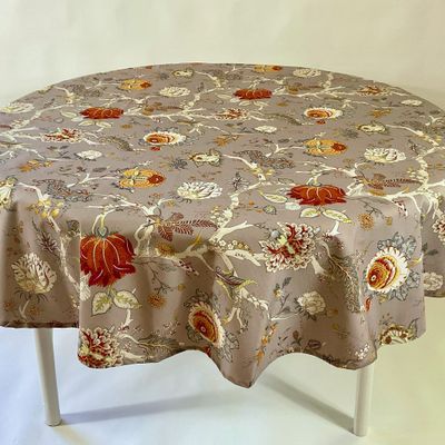 Amelie Michel Luxury French Cotton Print Tablecloth in Ceylan Floral, Taupe and Orange |Machine Washable Fabric Made in France [90" Round]