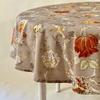 Amelie Michel Luxury French Cotton Print Tablecloth in Ceylan Floral, Taupe and Orange |Machine Washable Fabric Made in France [90" Round] view 2