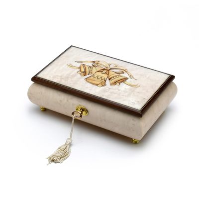 3 Wedding Bells with Ribbon Wood Inlay Ivory 30 Note Musical Jewelry Box - God Bless America