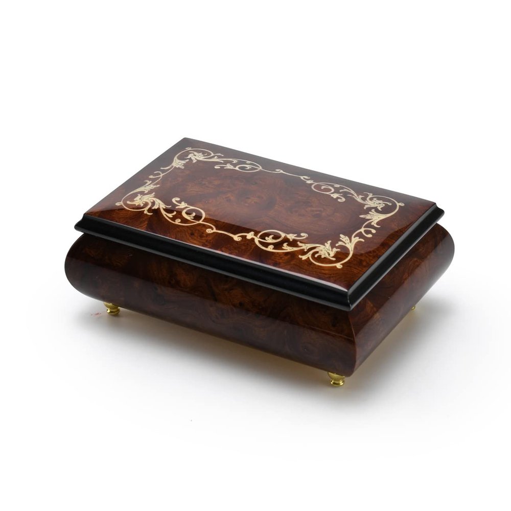 Contemporary Wood Tone Music Box with an Arabesque Wood Inlay Design - Someday My Prince Will Come