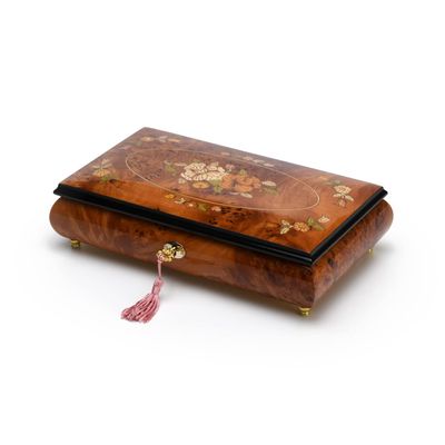 Dark Wood Tone Roses with Ornate Motifs Inlay 30 Note Musical Jewelry Box - Moscow Nights
