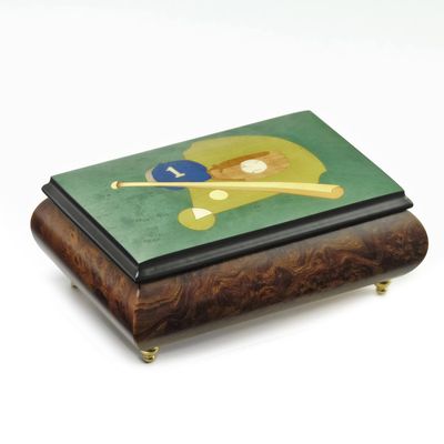 Sports Theme Wood Inlay: Baseball- Collectible 30 Note Musical Jewelry Box - God Bless America