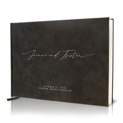 MUUJEE Personalized Guestbook in Charcoal - Premium Custom Modern Guest Book for Wedding Reception, Birthday Party or Events w/Bookmark Blank Pages for Signing 11.5 x 8.5 inches