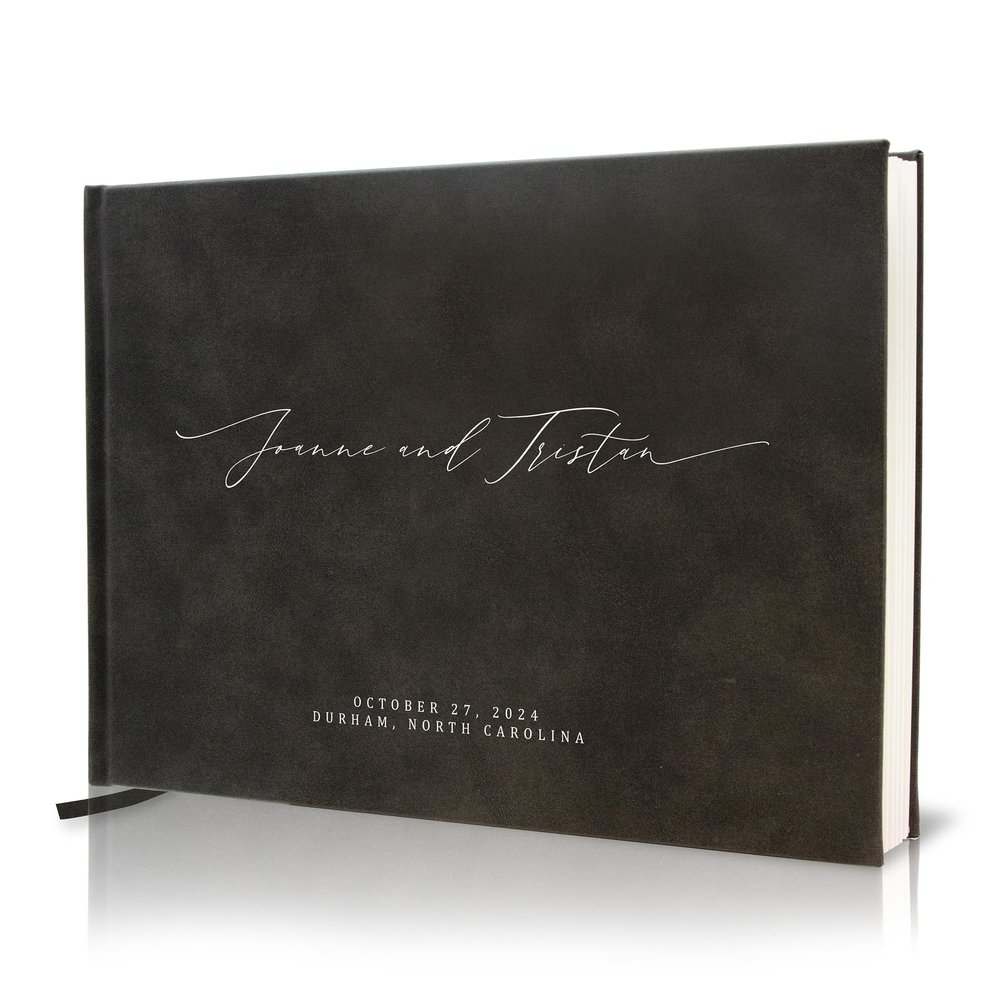 MUUJEE Personalized Guestbook in Charcoal - Premium Custom Modern Guest Book for Wedding Reception, Birthday Party or Events w/Bookmark Blank Pages for Signing 11.5 x 8.5 inches