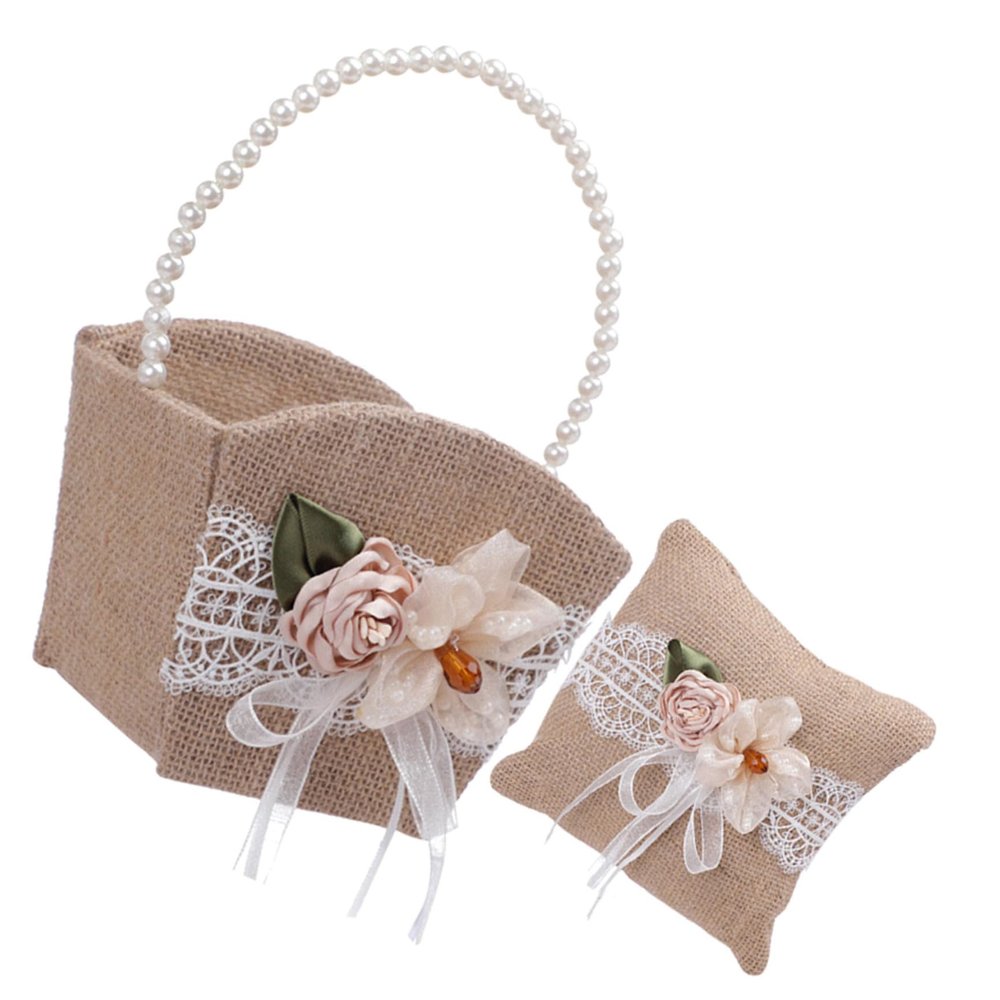 DECHOUS 1 Set Burlap Ring Bearer Jute Basket with Pearl Handle Flower Lace Bow Ribbon Rustic Ring Pillow for Vintage Wedding Ceremony Party Supplies