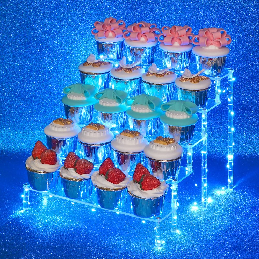 DIWNELEM 5 Tier Acrylic Risers with Blue LED Light - Acrylic Display Stands for Countertop Organizer, Collections and Cosmetics