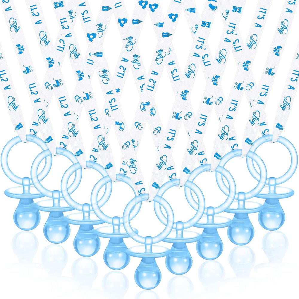 Coume 36 Pcs Shower Party Pacifiers Necklace Acrylic Pacifiers Party Favors Charm Necklace for Shower Decorations Gender Reveal Table Scatter(White, Blue)