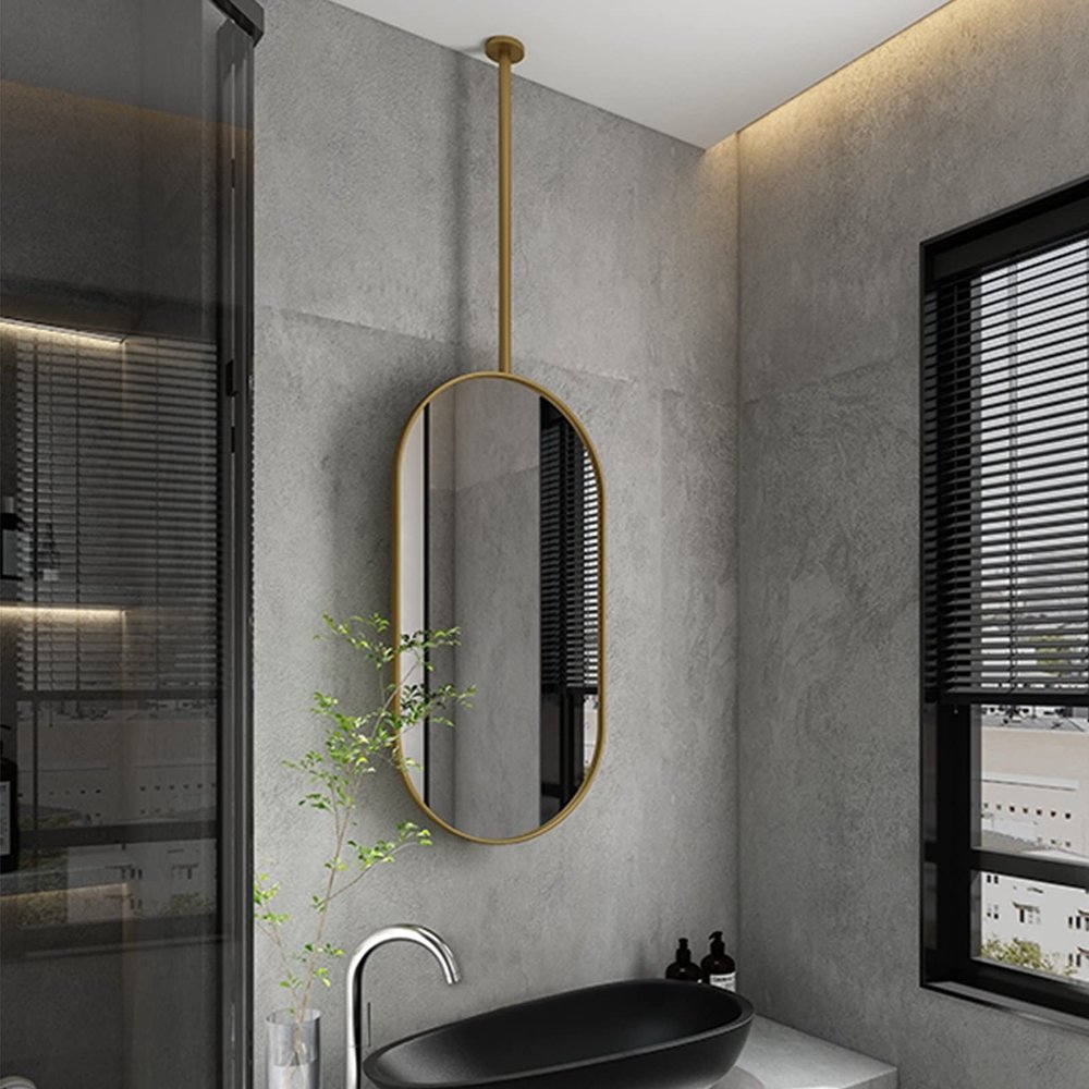 Antourlamm Gold Ceiling Mounted Oval Mirror for Wall, Floating Bathroom Vanity Makeup Mirrors Shaving Mirrors - Customizable Ceiling Hanging Rod Mirror (Size : 40cmx70cm)