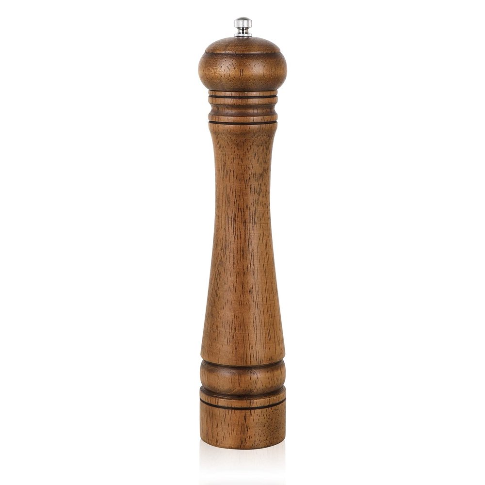 1Pack Wood Pepper Grinder, XWXO 10 Inch Salt Mill Pepper Shaker, Pepper Mill with Adjustable Ceramic Rotor - Oak Wood Pepper Grinder for Your Kitchen