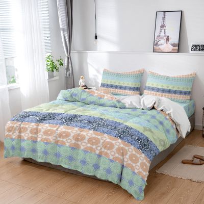 4 Piece Queen Duvet Cover Set Bohemian Striped Breathable Comforter Covers Ultra Soft Bed Sheet with 2 Pillow Shams Bedding Collection Sets Colorful Ethnic Flower Boho Texture