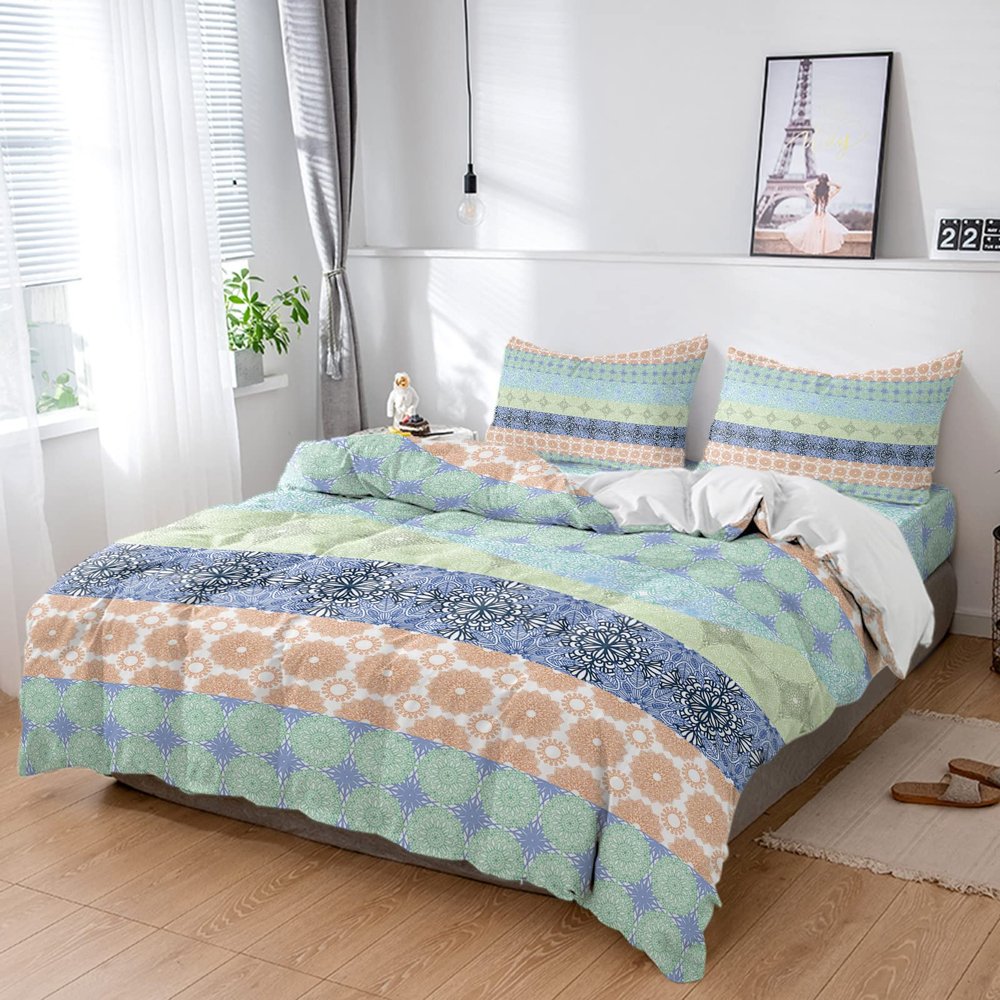 4 Piece Queen Duvet Cover Set Bohemian Striped Breathable Comforter Covers Ultra Soft Bed Sheet with 2 Pillow Shams Bedding Collection Sets Colorful Ethnic Flower Boho Texture