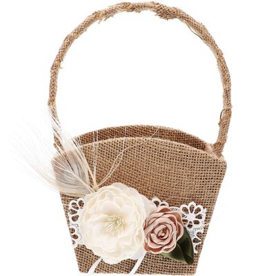 DECHOUS Wedding Flower Girl Basket Rose Flower Decorated Wedding Flower Girl Basket Burlap Jute Petals Basket Lace Bowknot Bride Basket