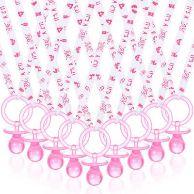 Coume 36 Pcs Shower Party Pacifiers Necklace Acrylic Pacifiers Party Favors Charm Necklace for Shower Decorations Gender Reveal Table Scatter(White, Pink)