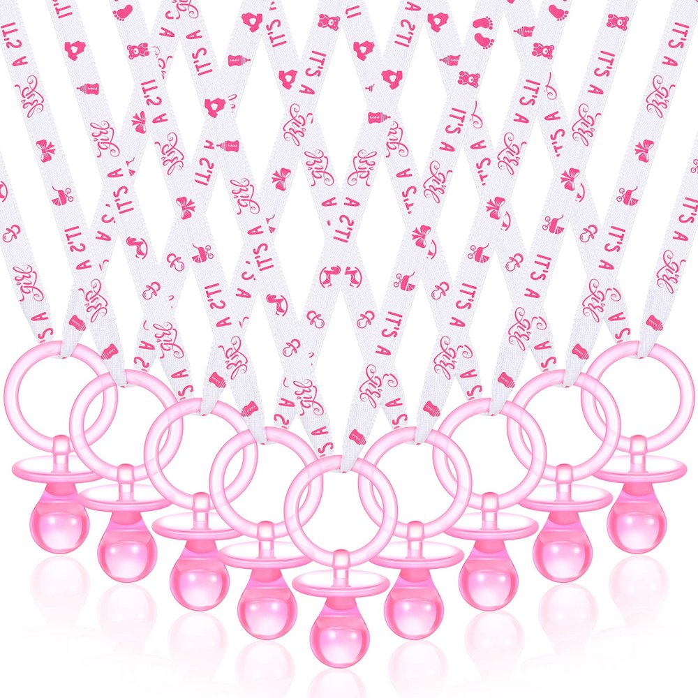 Coume 36 Pcs Shower Party Pacifiers Necklace Acrylic Pacifiers Party Favors Charm Necklace for Shower Decorations Gender Reveal Table Scatter(White, Pink)