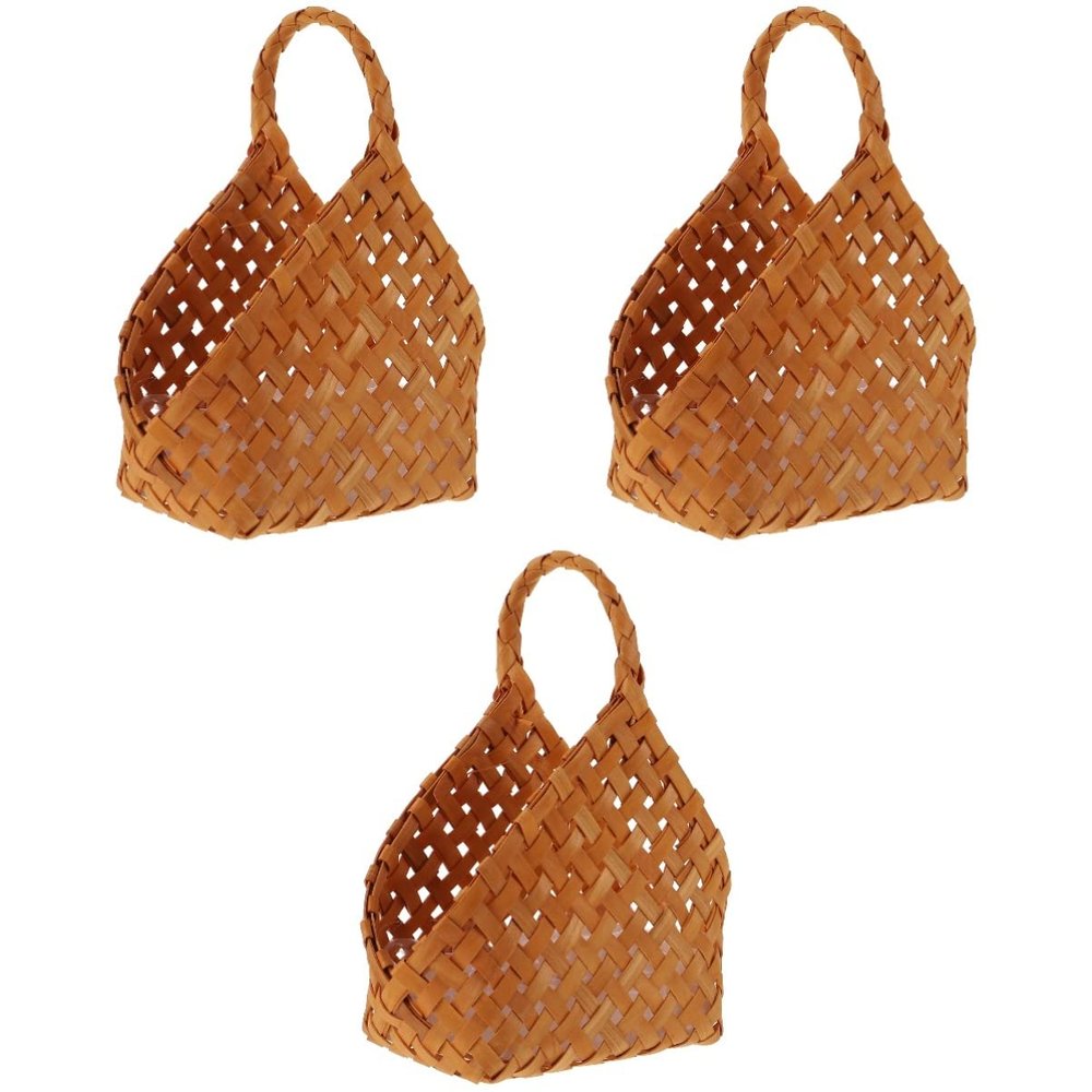Cabilock 3pcs Handmade Portable Wood Chip Woven Storage Basket Multi-functional Organizer for Home Living Room Nursery and Bathroom Convenient Carrying Handle